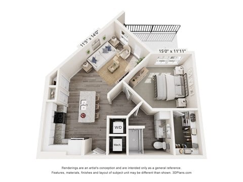 Floor plan for 1 bed, 1 bath, 758 sqft